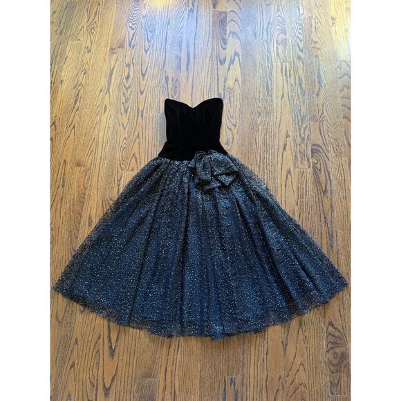 Vintage 80s Glitter Lace Prom Black Dress Velvet WhimsyGoth Celestial Punk Alt - Picture 3 of 13